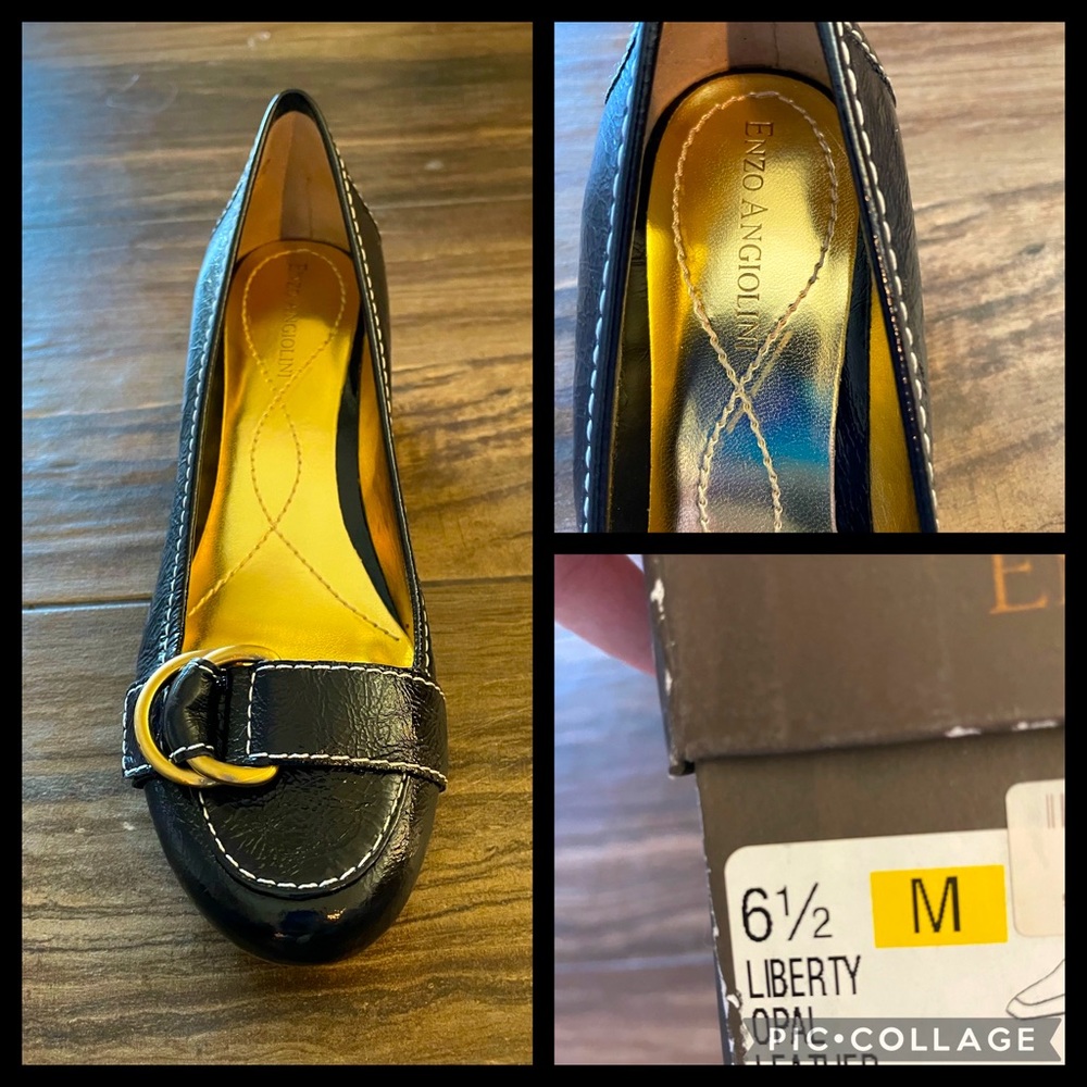 Comfy black and gold healed shoe to jazz up any outfit.